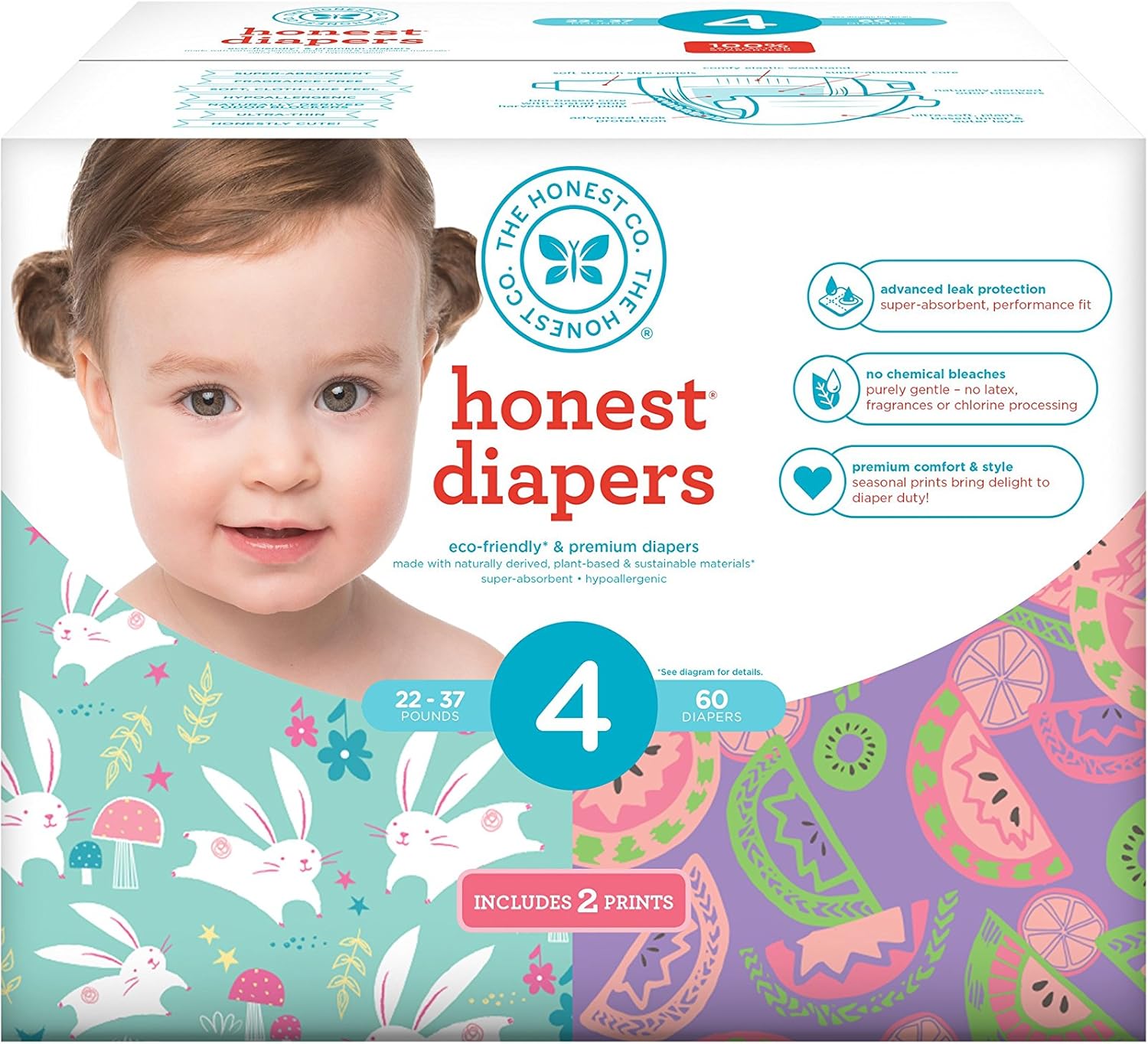Honest Baby Diapers, Club Box, Bunnies & Sliced Fruit, Size 4, 60 Count
