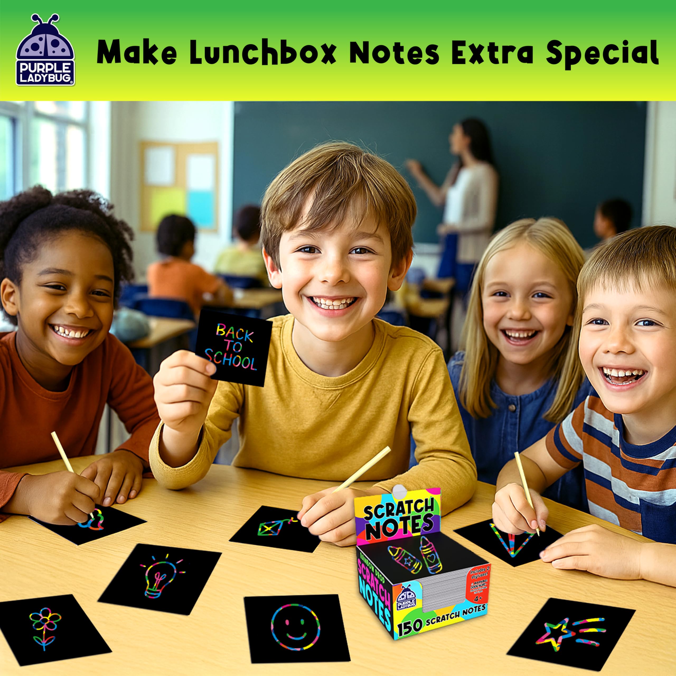 PURPLE LADYBUG 150 Rainbow Scratch Art Mini Notes - Stocking Stuffers for Kids, for Girls & for Teen Girl, Arts and Craft Supplies, Christmas Crafts Activity Kit, Birthday Party, Classroom Supplies