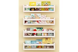 Onlysky Set of 4 Wall-Mounted Kid's Bookshelf - White Floating Nursery Book Shelves - Durable Wood Construction - Ideal for Nursery Decor, Kids Room, Toy Storage