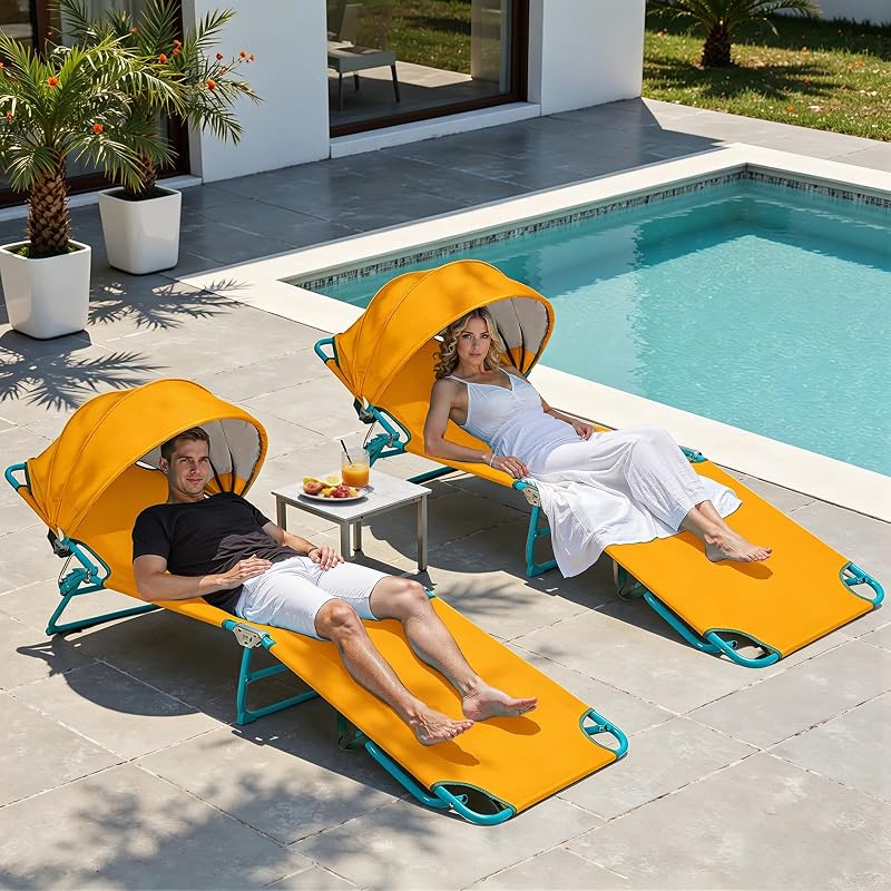 Confezione da 2 poltrone da spiaggia con baldacchino, regolabile in 4 posizioni, sedia abbronzante pieghevole per esterni, resistente, per piscina, patio, prendere il sole, prato, UPF 50+
