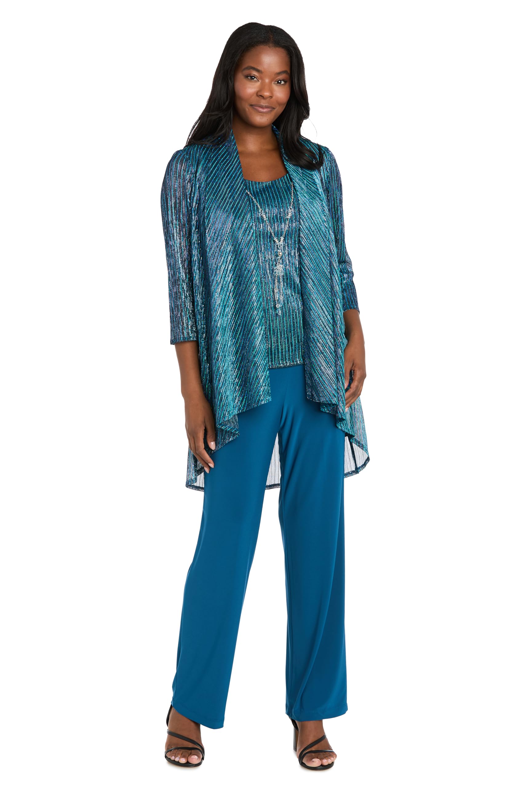 R&M Richards Women’s 3-Piece Duster Pant Set – Crinkle Hologram Sequin Tank & Jacket W/Solid Pull-On Pants