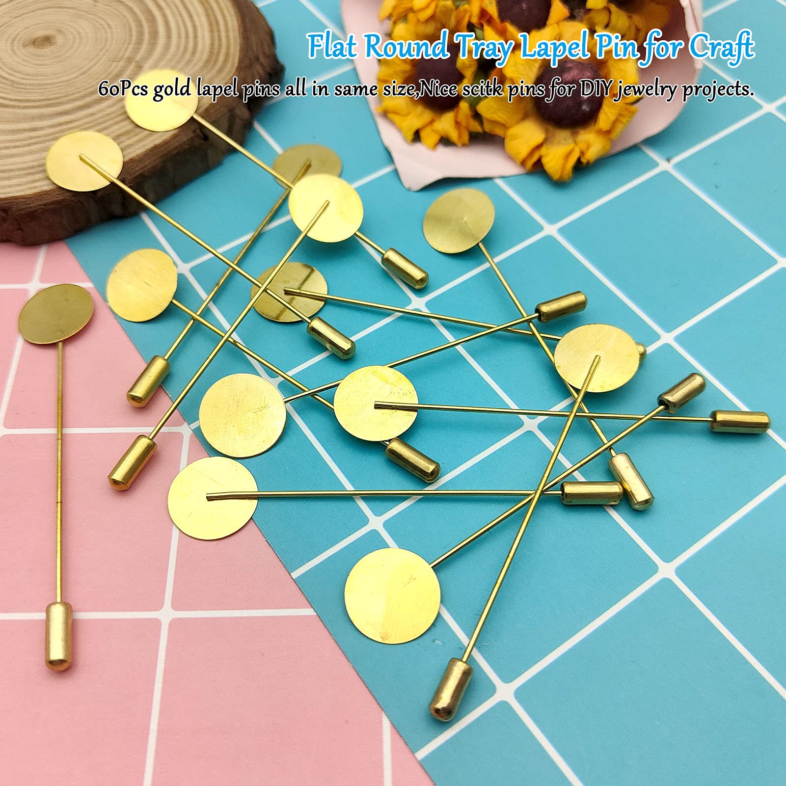 60Pcs Flat Round Tray Lapel Pin for Craft,Gold Safety Stick Pins Stainless Steel Brooch Pin Needle Suit Tie Hat pin Scarf Badge for DIY Costume Jewelry Making Accessories