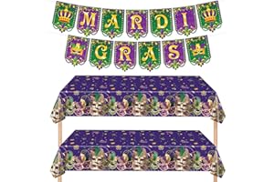 Qpout Mardi Gras Tablecloths with Garland Set,2 Plastic,Mardi Gras Table Cover with 1 Mardi Gras Garland for Masquerade and C
