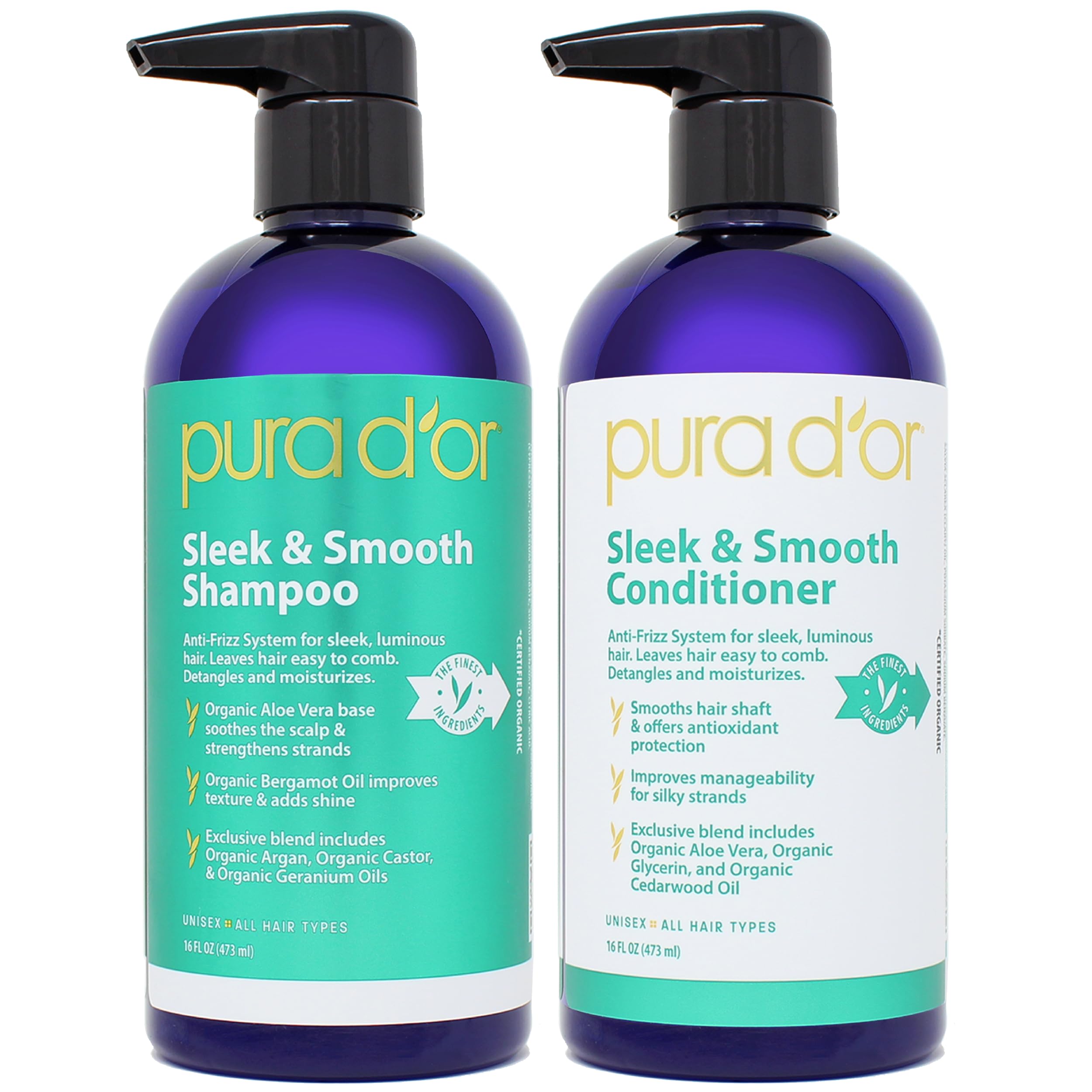 Photo 1 of PURA D'OR Sleek & Smooth Shampoo and Conditioner Set For Frizz-Free & Silky Smooth Hair, Infused with Organic Aloe Vera, Argan Oil, Castor Oil, Bergamot Oil & Geranium Oil