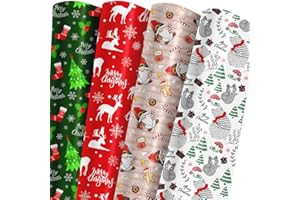 Festive Vibrant Christmas Wrapping Paper -(28"x20" Per Sheet,4-Sheets,4-Designs and 4 Colors: 15 sq. ft. ttl)-Include Deer Gn