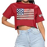 Womens 4th of July Crewneck Casual T-Shirts White Blue Patriotic Memorial Graphic Stars Stripes Crop Tops Sequin Flag Red S