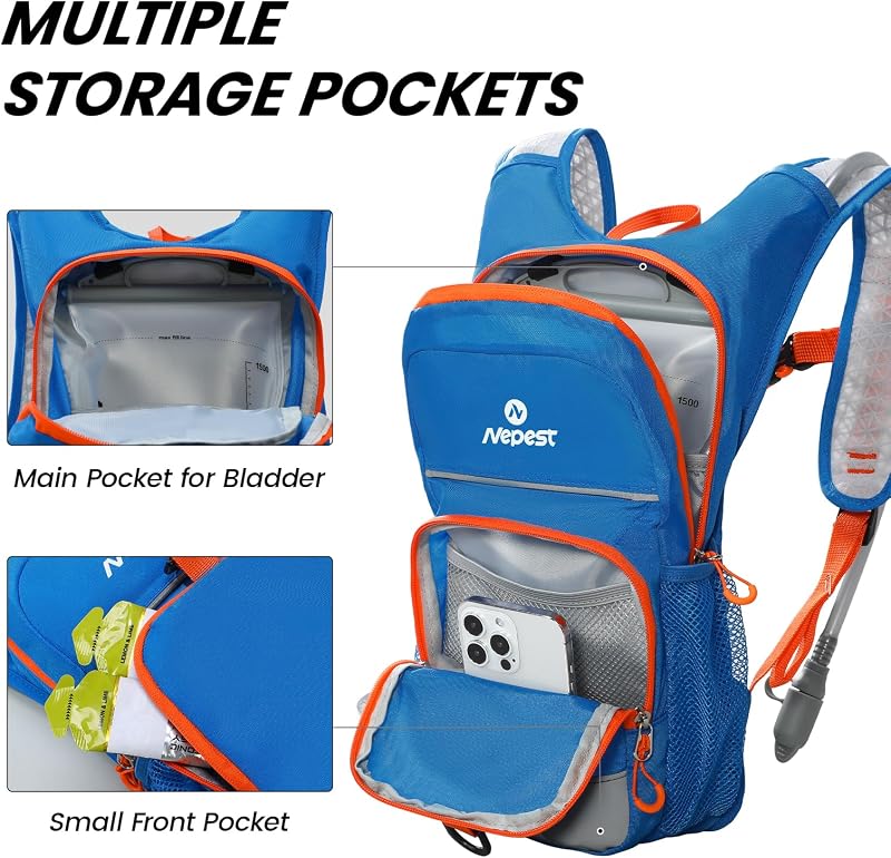 Zaino idrico per bambini, mini zaino con sacca d'acqua da 1,5 l, per escursionismo, ciclismo, corsa, blu