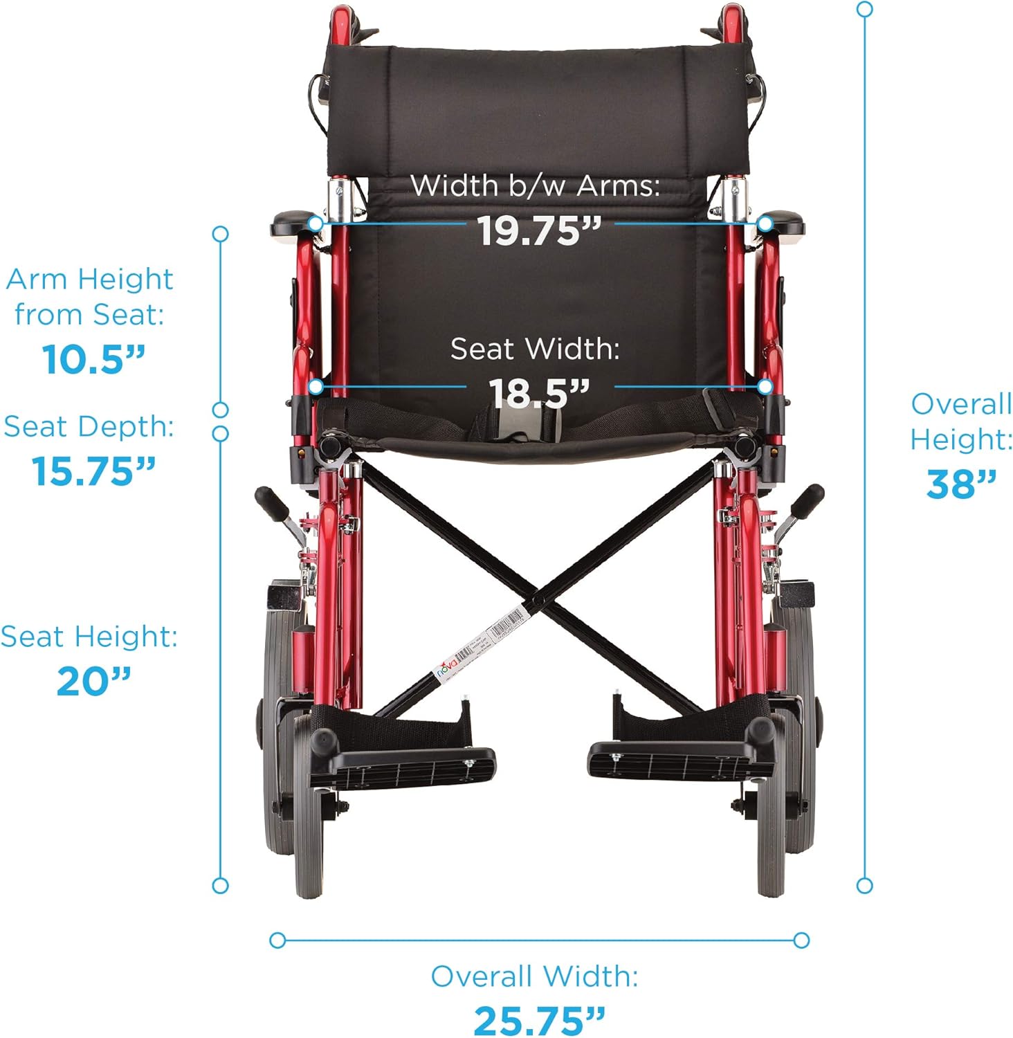 NOVA Lightweight Transport Chair with Locking Hand Brakes, 12” Rear Wheels, Removable & Flip Up Arms for Easy Transfer, Anti-Tippers Included, Red: Health & Personal Care