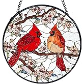TNUW Cardinal Stained Glass Window Hanging, Red Cardinal Bird Floral Sun Catchers Indoor Window Glass Round Wall Art Decor, Red Bird Floral Wall Hanging Decorations, 7.9"x7.9"