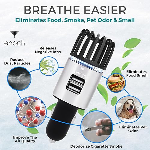 ionizer cigarette smoke Enoch Car Air Purifier Premium Air Ionizer - 12V Plug-In Ionic Ozone  Deodorizer Accessory with Dual USB Car Charger