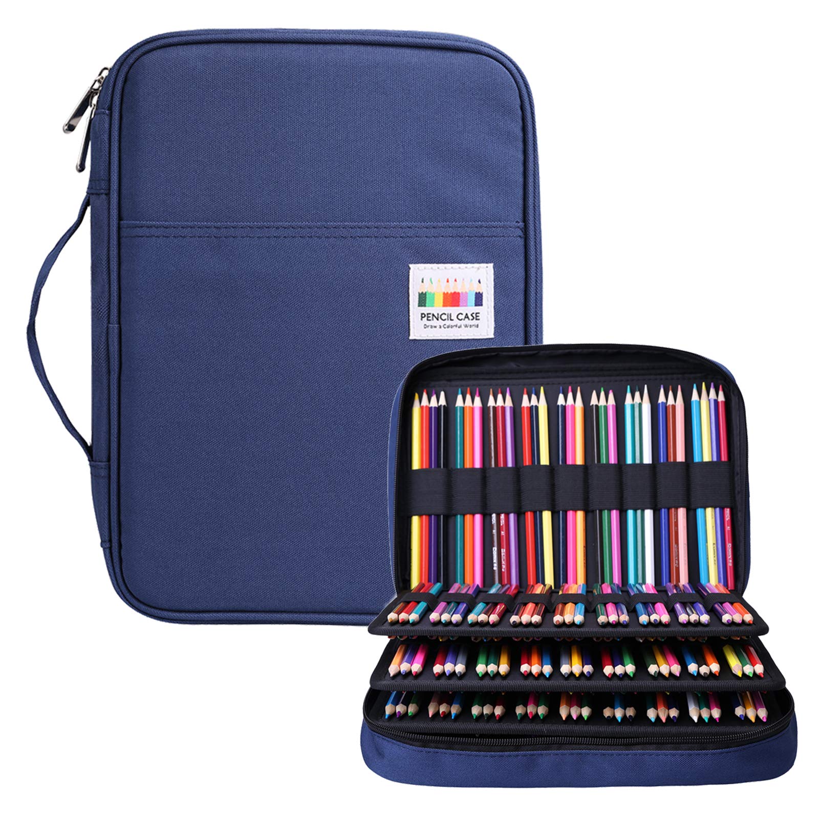BOMKEE Drawing Pencil Case 220 Slots Colored Pen Organizer Bag Portable Handy Painting Storage Stationery Pouch Waterproof Multilayer Gel Pens Watercolor Pencils Holder for Adults (Blue)