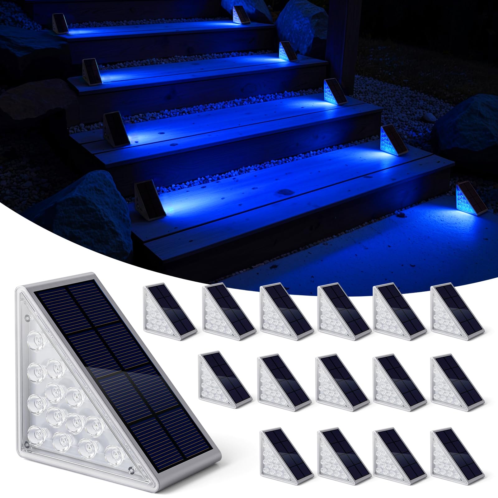 NIORSUN Solar Step Lights for Outside,16 Pack Blue LED Outdoor Step Lights, Stair Lights Outdoor for Patio, Fence, Yard, Walkway, Solar Powered Auto On/Off, IP67 Waterproof, Easy Install Image