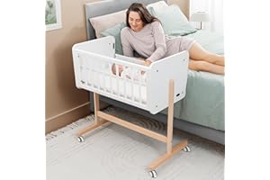 Comfy Cubs Wooden Baby Bassinet Bedside Sleeper - Adjustable Height with Safe & Sturdy Lockable Wheels - Co-Sleeper Bed with 