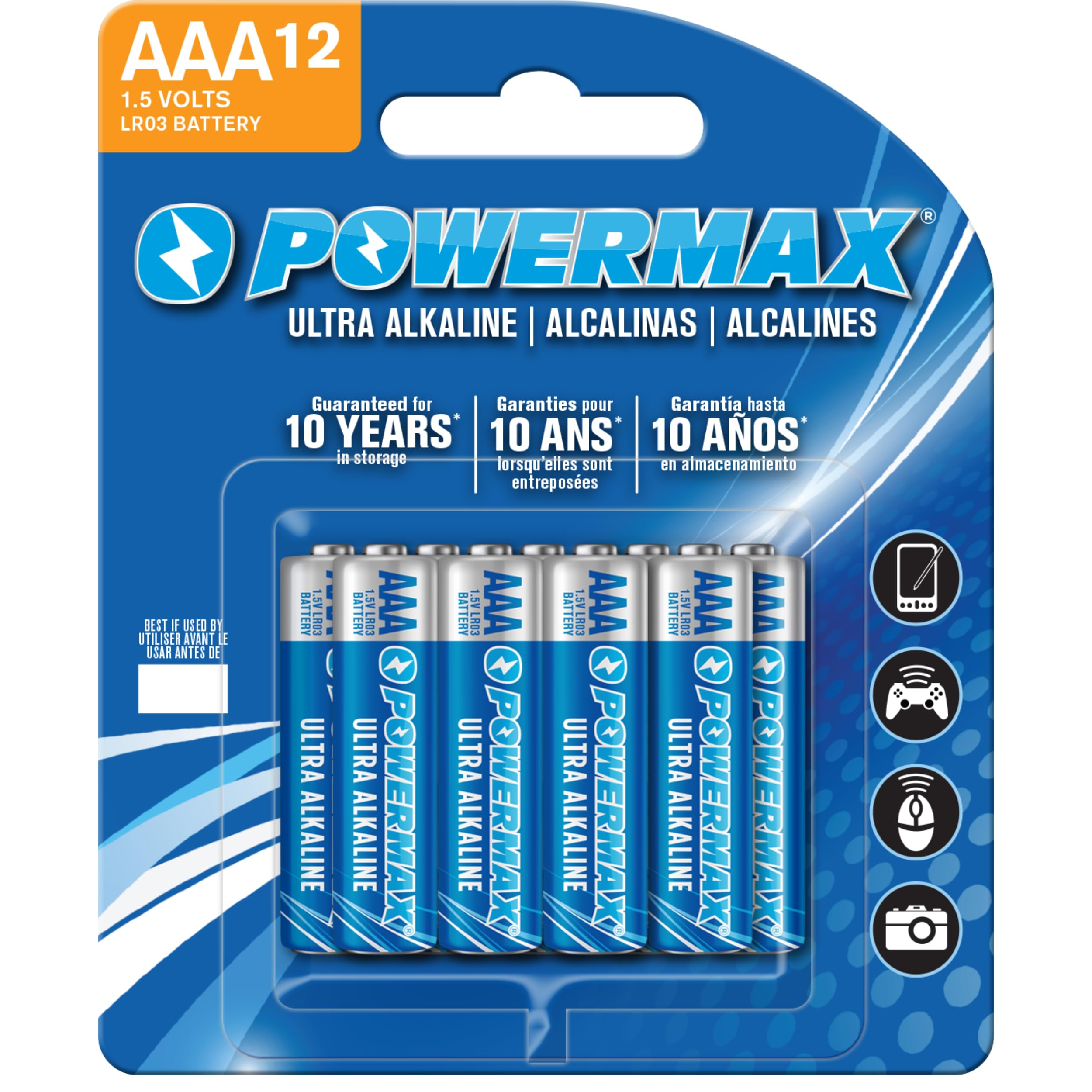 Photo 1 of Powermax 12-Count Triple AAA Batteries, Ultra Long Lasting Alkaline Battery Blister Pack for Home and Office, 10-Year Shelf Life