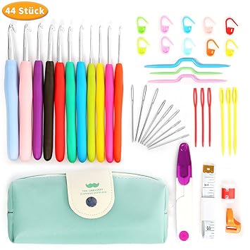 Norjews Häkelnadel Set 44 Stück, 11 Bunte Ergonomische weich Gummi Komfort Griff Häkeln Stricken Nadeln mit 33 Stricknadeln Z