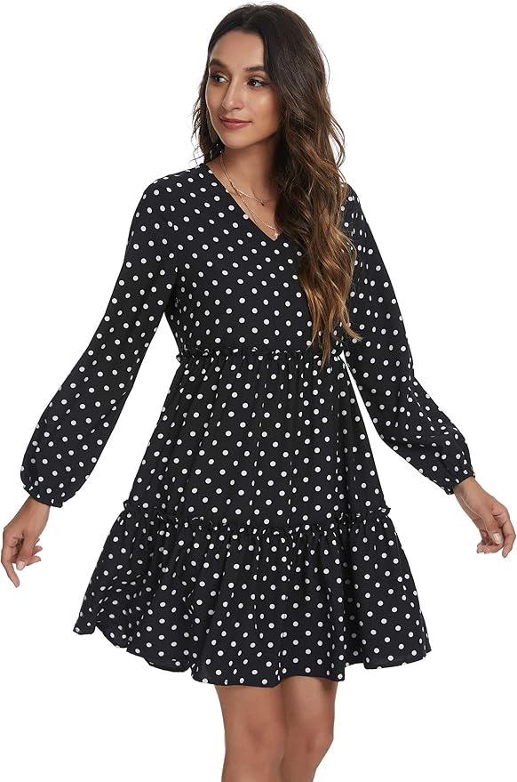 Amazon.com: Missufe Polka Dot Babydoll Swing Dress Women's Long Sleeve V Neck Ruffle Tiered 