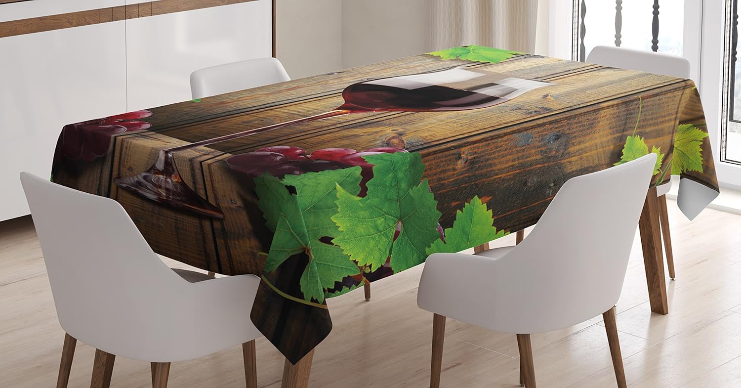Ambesonne Winery Tablecloth, Wine Glasses and Grapes Rustic Wood Planks Alcoholic Drink Gourmet Taste, Rectangular Table Cover for Dining Room Kitchen Decor, 60" X 90", Burgundy Brown