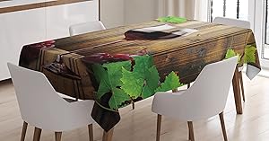 Ambesonne Winery Tablecloth, Wine Glasses and Grapes Rustic Wood Planks Alcoholic Drink Gourmet Taste, Rectangular Table Cover for Dining Room Kitchen Decor, 60" X 90", Burgundy Brown