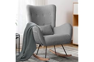 LEMBERI Rocking Chair Nursery, Teddy Upholstered Padded Seat Rocking Chair with Headrest, High Backrest Glider Accent Chair for Bedroom, Nursery, Living Room (Dark Grey)