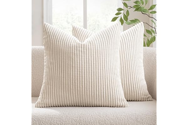 MIULEE Decorative Corduroy Throw Pillow Covers Set of 2 18x18 Cream White | Soft Solid Striped Textured Cushion Cases for Cou