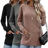 Sweetyweee 3 Pack Women's Long Sweaters with Pockets, Puff Long Sleeve Tunic Tops Crew Neck Ribbed Pullovers for Leggings