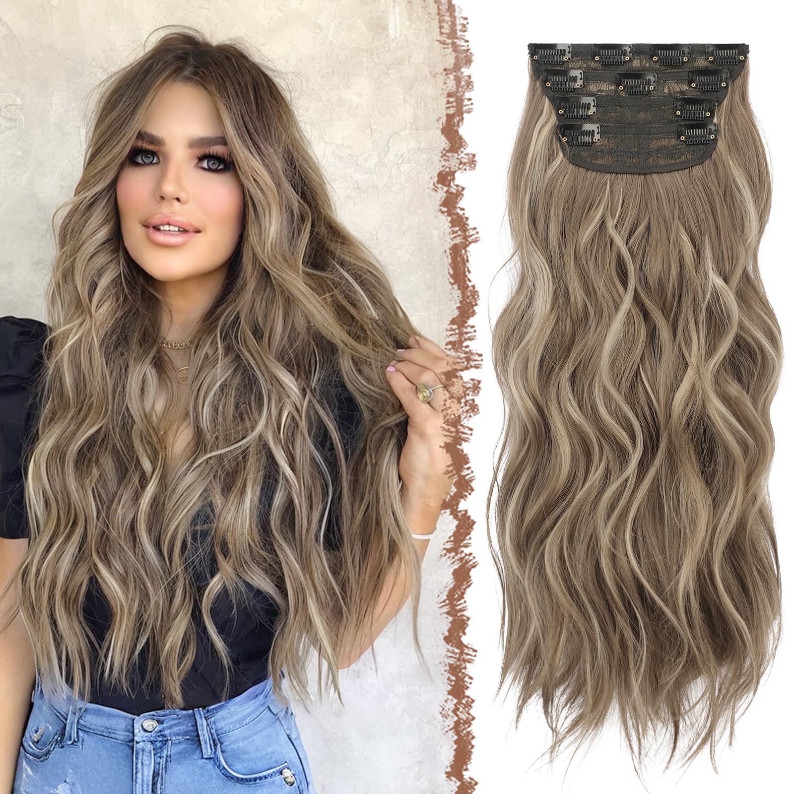 FESHFEN Clip in Hair Extensions 4 PCS Thick Highlight Hairpieces Long Wavy Clip in Hair Piece Full Head Synthetic Hair Extensions for Women, 20 Inches Brunette Mixed Ash Blonde — image 1