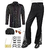 Mepase 6 Pcs Mens 70s Disco Outfits Retro New Year Eve Couples Halloween 80s Costume with Bell Bottom Pants