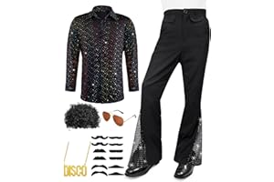 MEPASE 6 Pcs Mens 70s Disco Outfits Retro Halloween Couples Costume with Bell Bottom Pants
