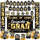 Graduation Decorations 2026 Set Black Gold, Congrats Grad Decor Set with Banner Backdrop Porch Sign,Hanging Swirls Honeycomb Centerpieces Balloons for Grad Party Decorations(Gold)