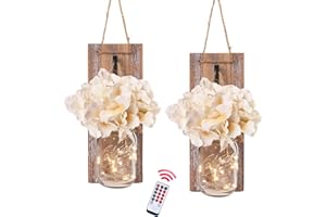 Besuerte Mason Jar Wall Sconces Set of Two, Wall Deco Cute Wall Decor with LED Fairy Lights, Art for Living Room Modern Decorations, House Decor, Rustic Brown