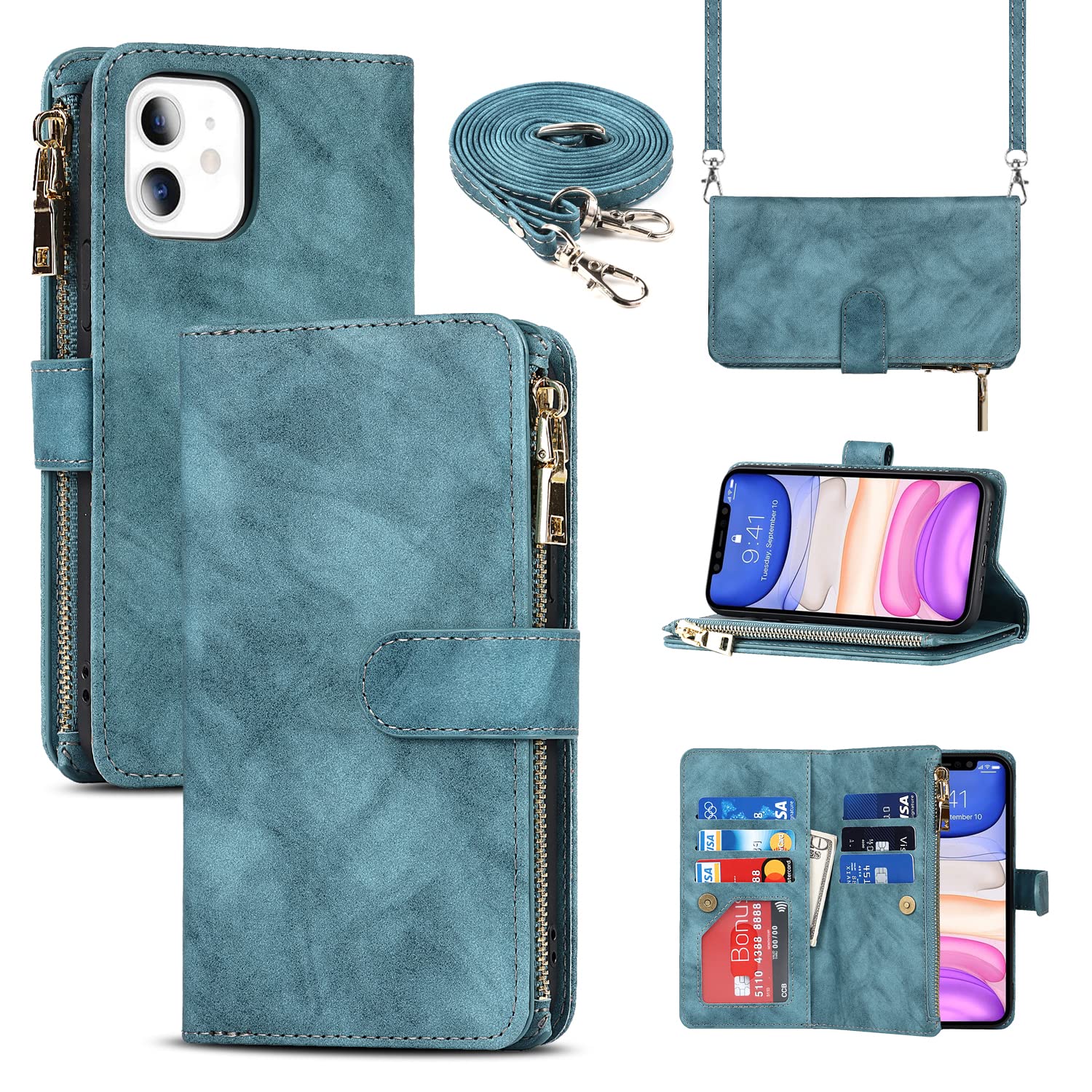 Cavor Crossbody iPhone 11 Case With Card Holder With Strap,Flip Leather Wallet Case,[9 Card Holder] Zipper Detachable Lanyard Phone Case Cover for Women for iPhone 11 - Light Blue