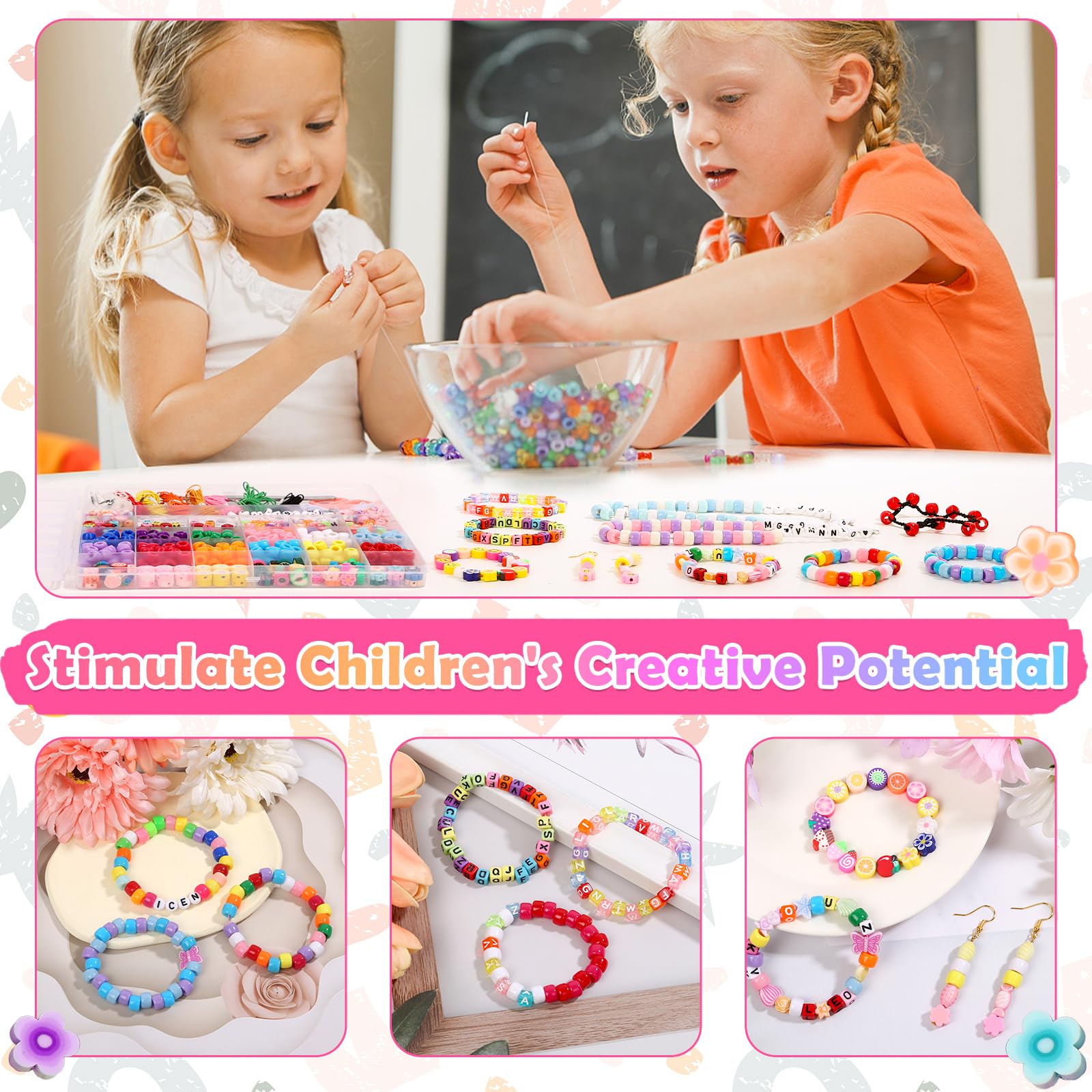 cridoz Bead Bracelet Making Kit, Bead Kits for Bracelets Making with Pony Beads, Polymer Fruit Clay Beads, Charm Beads, Letter Beads for Bracelets and Jewelry Making
