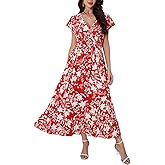 HUDILAN Women's Red Floral Maxi Dress Sleeveless V-Neck Casual Summer Beach Vacation Clothes for Women
