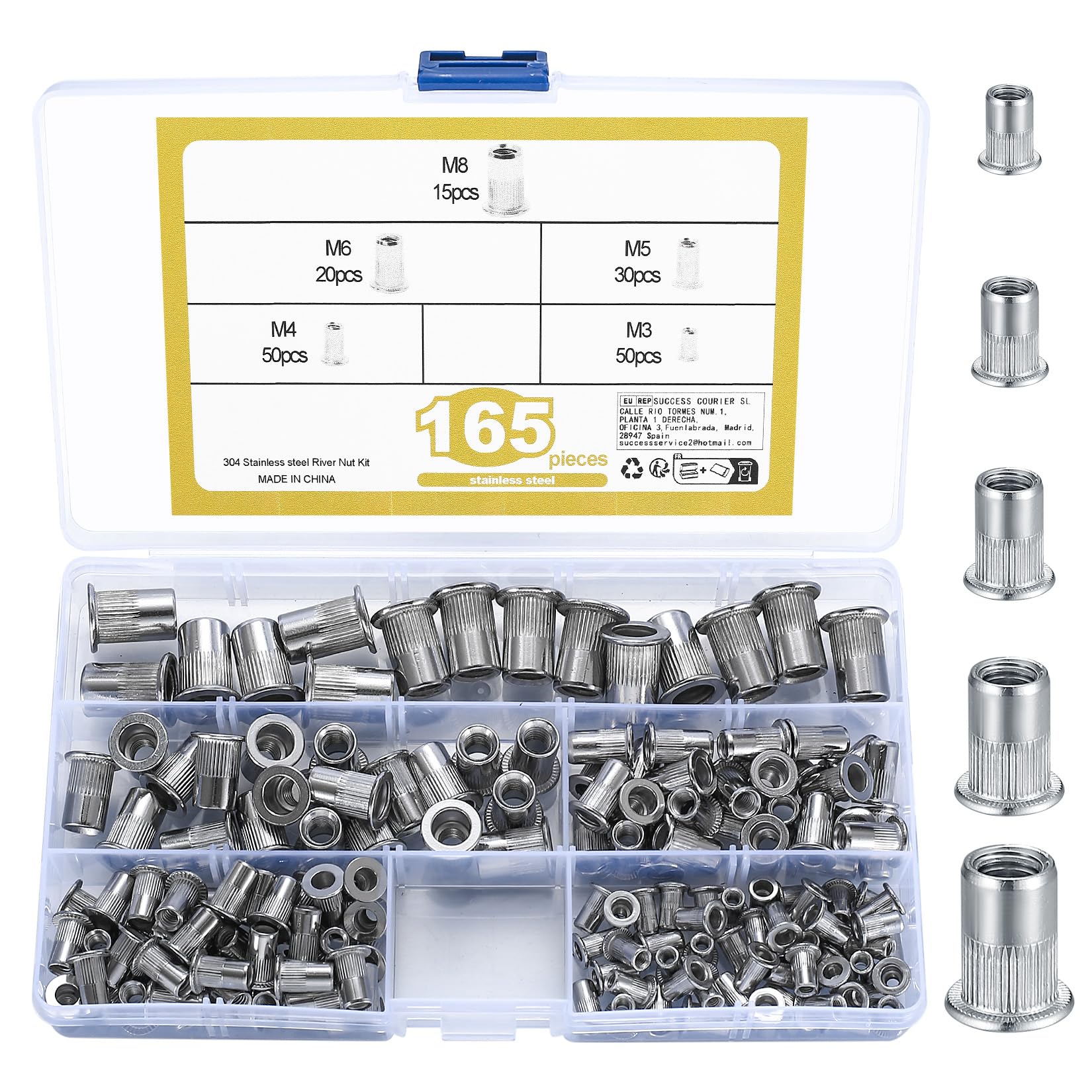 165 Pcs Rivet Nuts Set, Threaded Insert Nutsert, M3 M4 M5 M6 M8 Stainless Steel Flat Head Nutsert Rivnuts, Threaded Insert Blind Rivet Nuts Assortment Kit for Metal, Wood, Aluminium