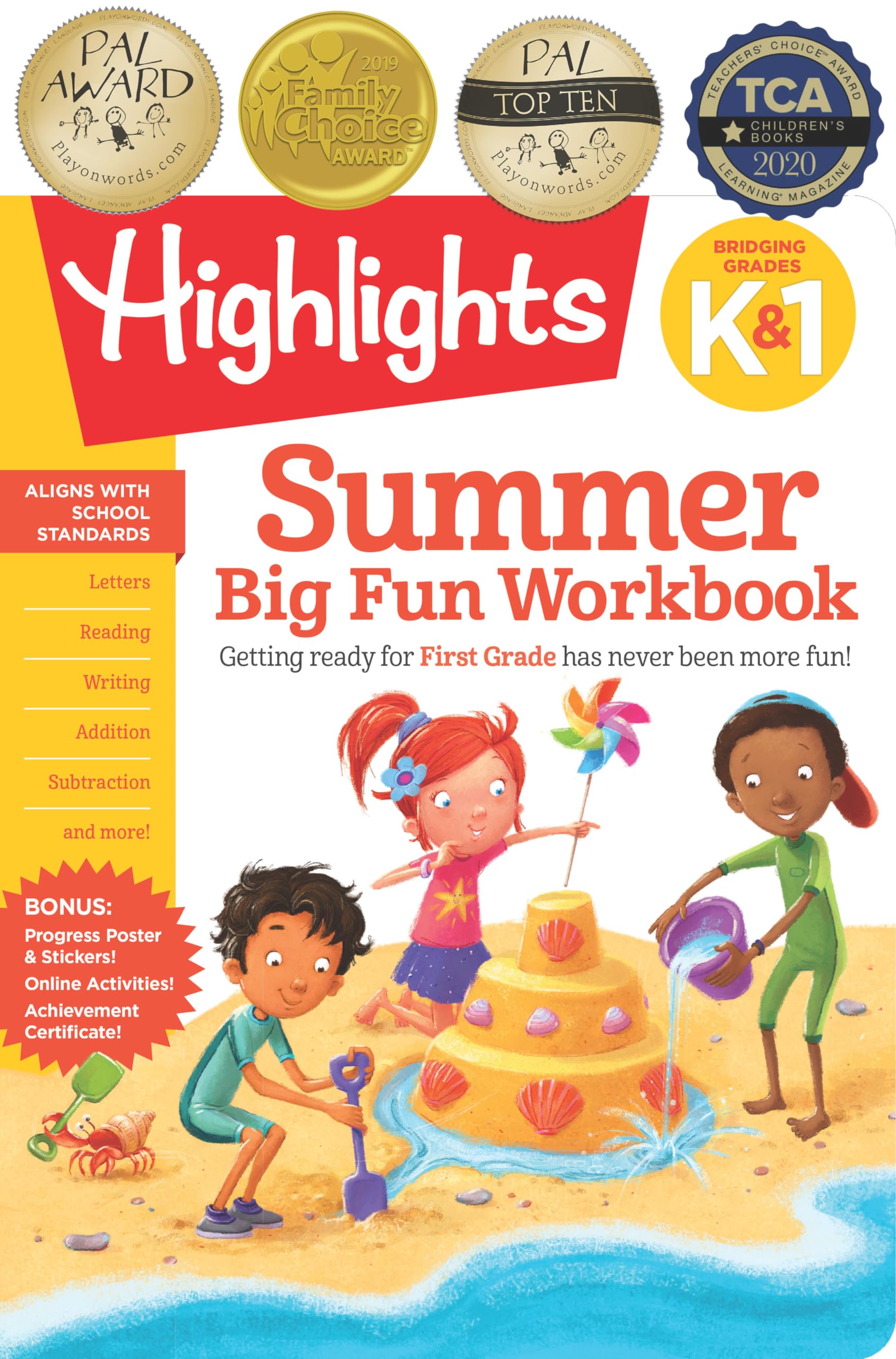 Summer Big Fun Workbook Bridging Grades K & 1: Ready for First Grade at Home, First Grade Summer Workbook with Letters, Reading, Writing, Addition, Subtraction and More (Highlights Summer Learning)