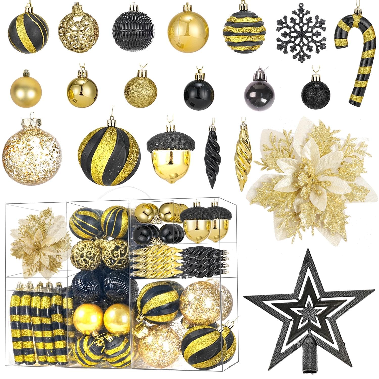 Photo 1 of 130pcs Christmas Ball Ornaments Set, Shatterproof Christmas Tree Ball Ornament Decoration, Plastic Xmas Ornaments Bulk Hanging Balls, Holiday, Home, Wedding Party, Black and Gold