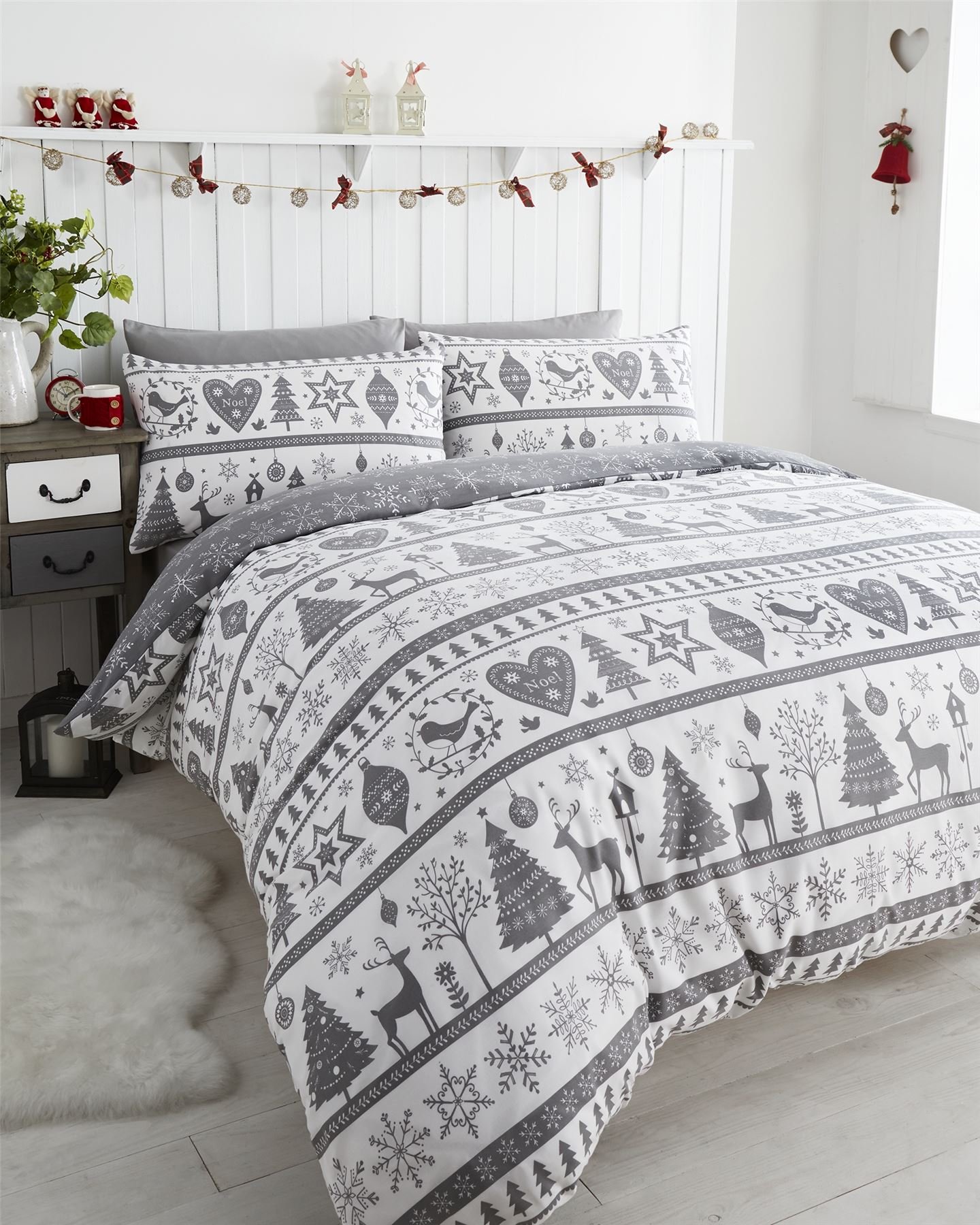 Noel Quilt Duvet Cover and 2 Pillowcase Bedding Bed Set Christmas Trees, Grey, Double