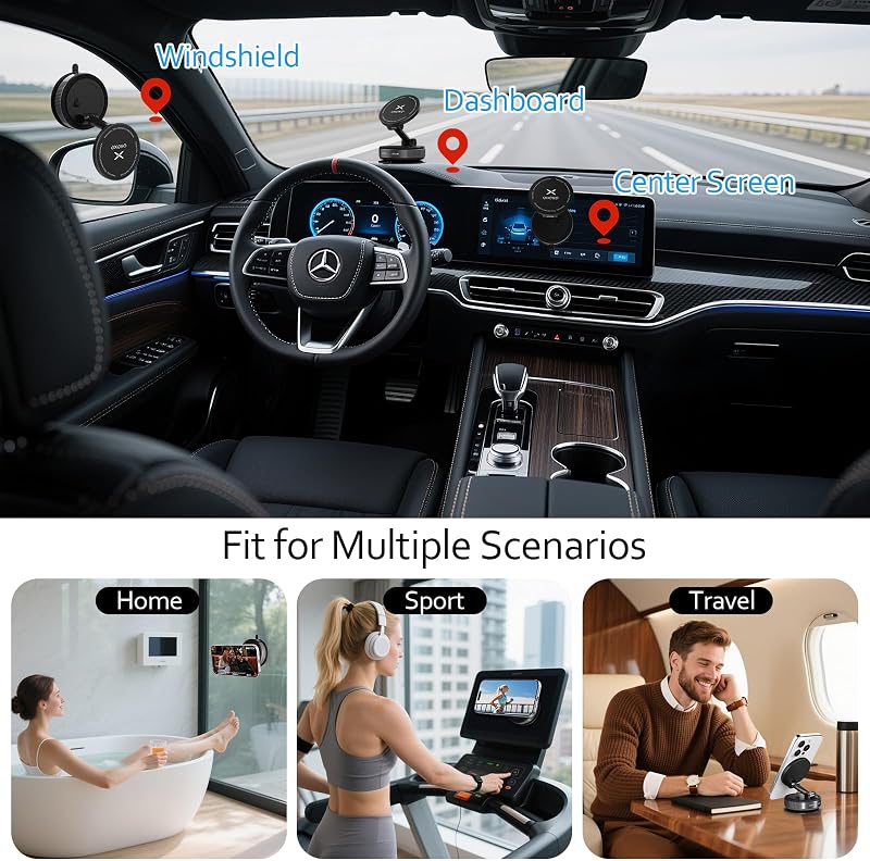 Magnetische Handyhalterung fürs Auto Vakuum-Magnet-Autohandyhalterung für Magsafe, 360° verstellbar mit Ultra-Saugnapf Haftkraft - Für iPhone 17 Pro Max 16 15 14 13 12 Air Plus (Schwarz) — Foto 2 von 8