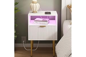 JOONEE Modern Nightstand with Charging Station and LED Lights, White Bedside Table with Drawer, Fluted Side Table for Living Room, Bedroom