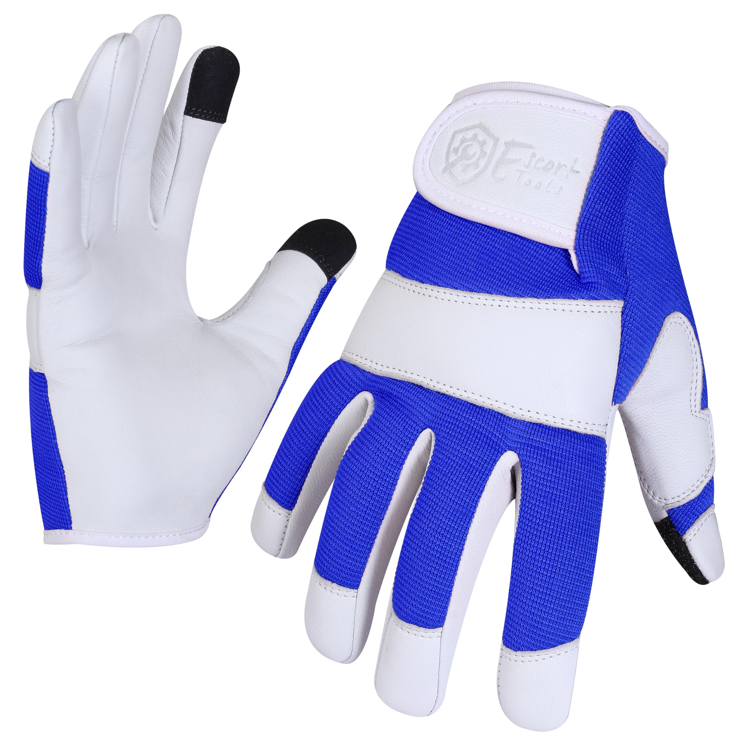 Escort Tools® Heavy Duty Leather Gardening Work Gloves, Thorn Proof, Touch Screen, Utility Safety Working Gloves Breathable, Tear Resistant, High Dexterity Mechanic Gloves Unisex (Blue, XL)