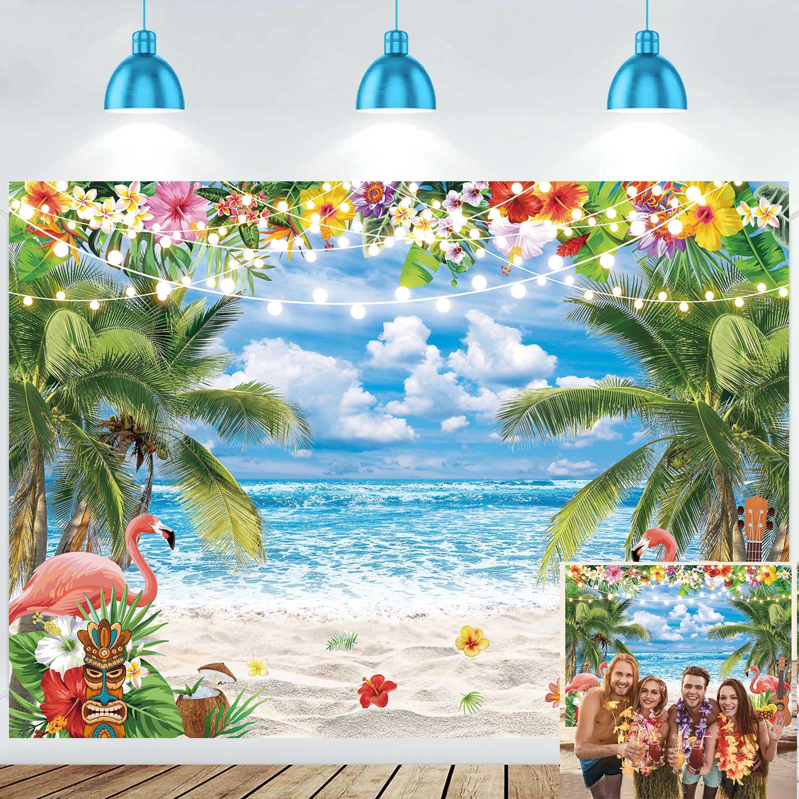 Summer Hawaiian Beach Ocean Backdrop 8X6FT Blue Sky Seaside Sea Tropical Palm Trees Photography Background for Aloha Luau Party Decorations Banner 94X70inch