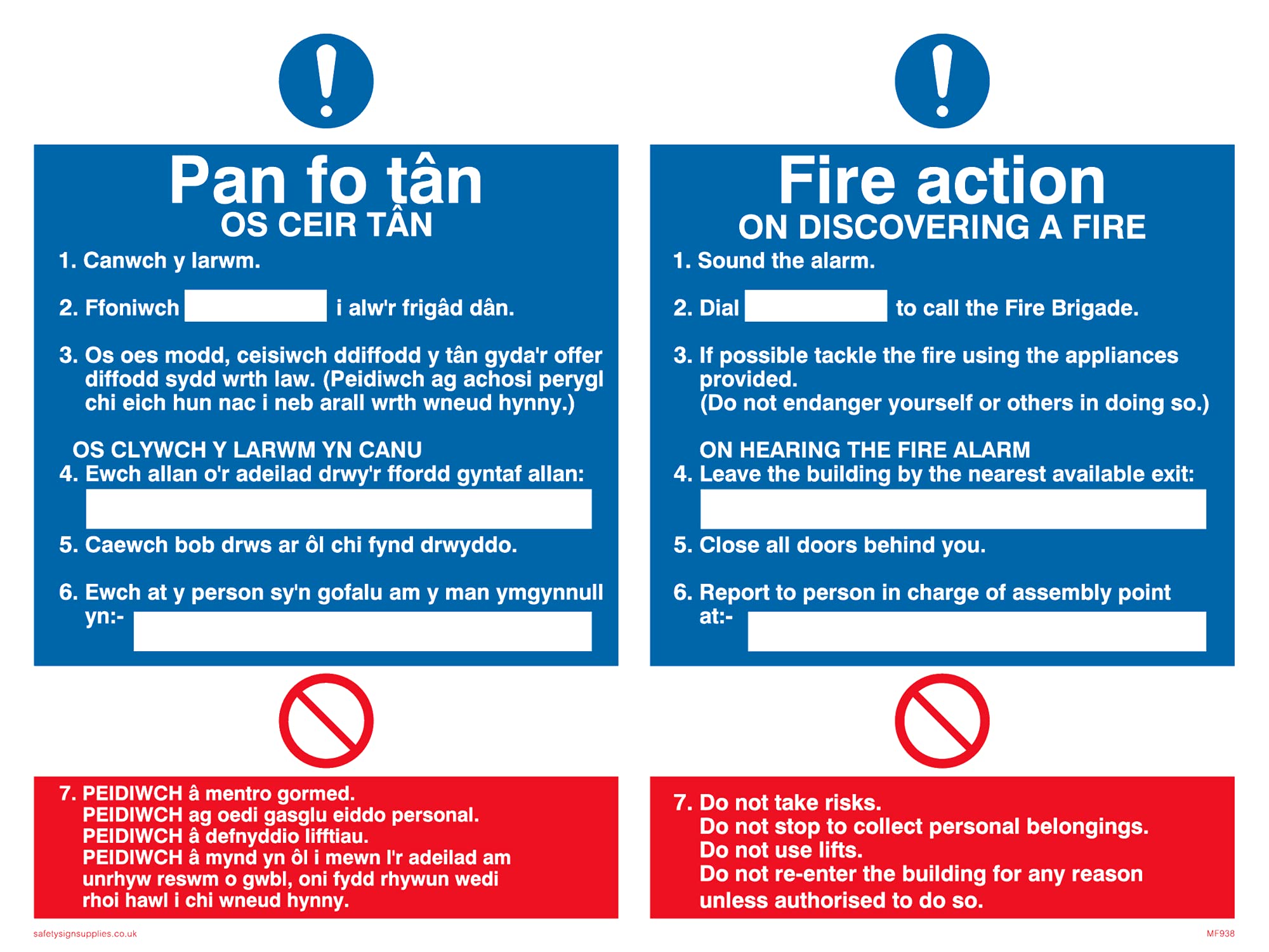 Pack of five - Fire Action Bi-lingual Welsh Sign - 200x150mm - A5L