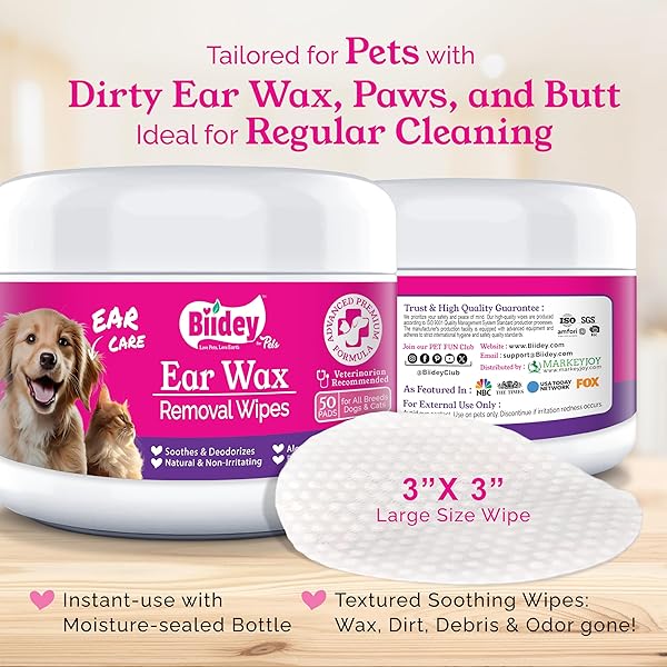 BIIDEY CAT DOG EAR & FACE CLEANER WIPES, GENTLY REMOVE EAR WAX & DEBRIS, RELIEVE EAR ITCHING & INFLAMMATION – SOOTHING CLEANSING DEODORIZING EAR CARE WIPES FOR CAT AND DOG