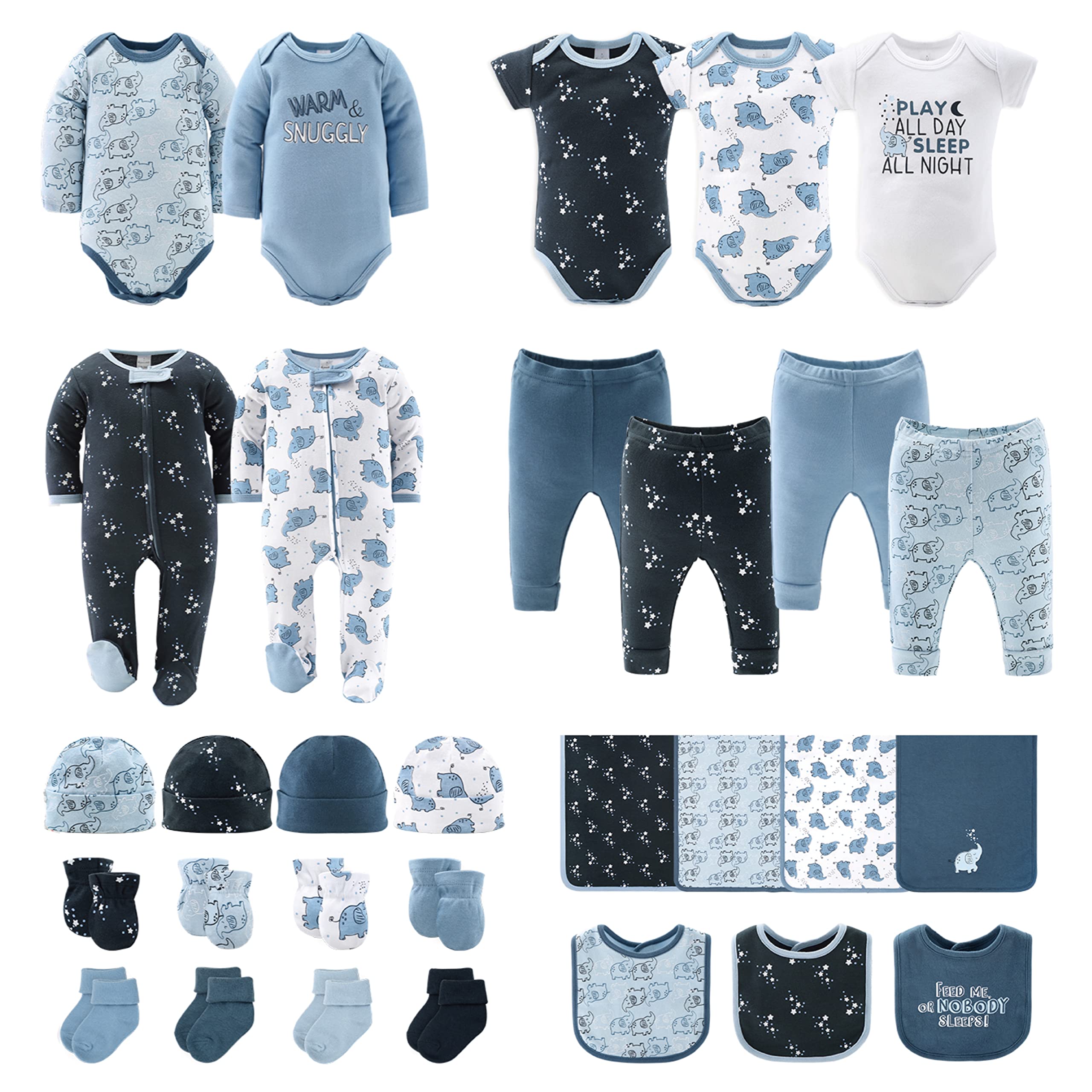 The Peanutshell Baby Layette Gift Set for Boys - 30 Piece Layette Set, Newborn to 9 Months Baby Boy Clothes - Elephant Blue