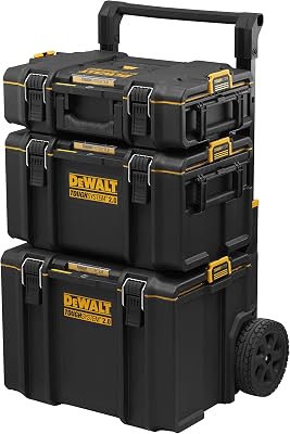 DWST83402-1, TOUGHSYSTEM 2.0 3em1 Oficina Modular, Robusto, 2 armários de pequena e média capacidade e 1 armário móvel de grande capacidade, IP65. Preto e amarelo