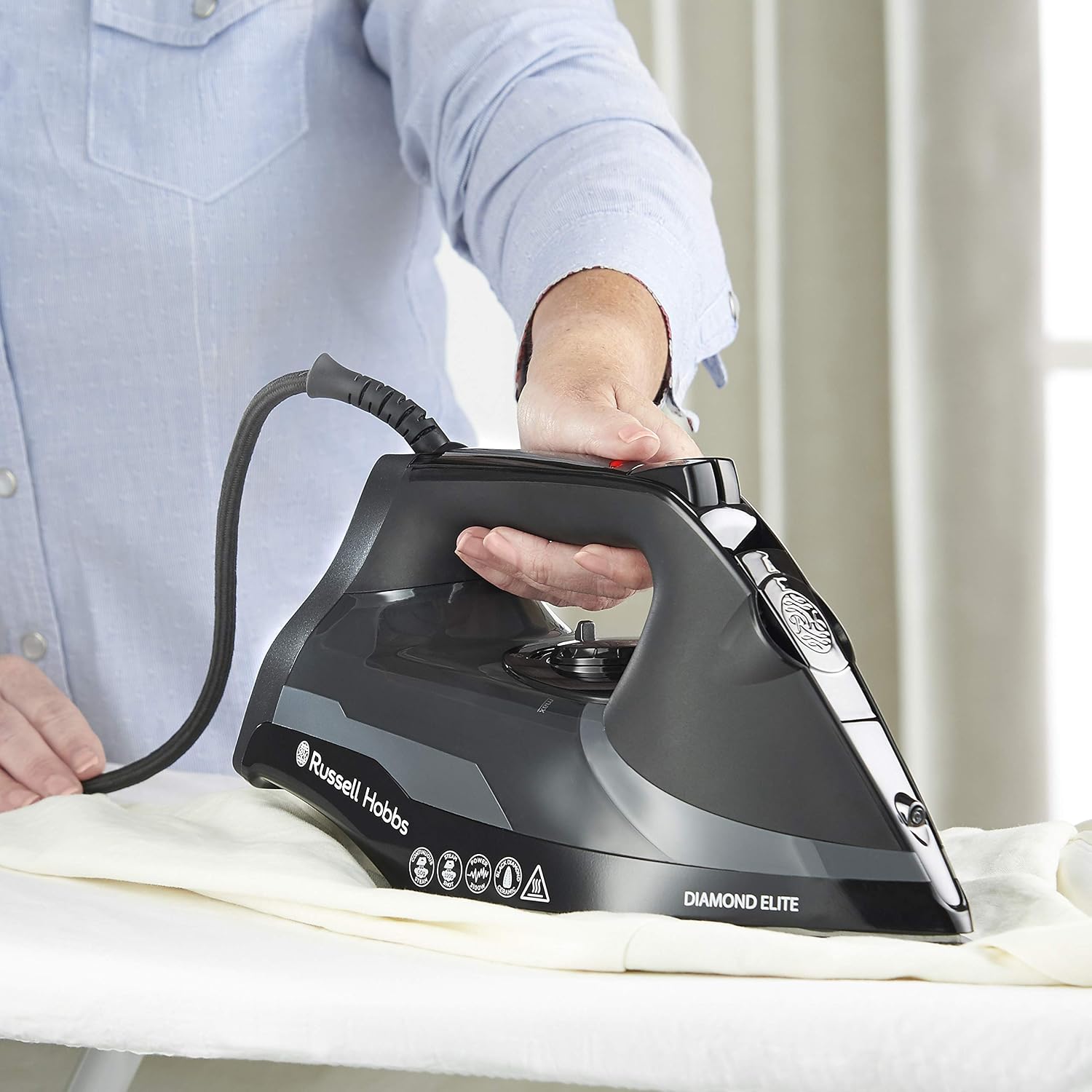 Russell Hobbs Diamond Elite Steam Iron, Black Diamond soleplate, 220g Steam Shot, 50g Continuous steam, 350ml Water Tank - Image 4
