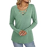 EasyGala Womens V Neck Long Sleeve Shirts Criss Cross Sexy Tops Casual Loose Fit Tee Going Out Fall Fashion Clothes 2025
