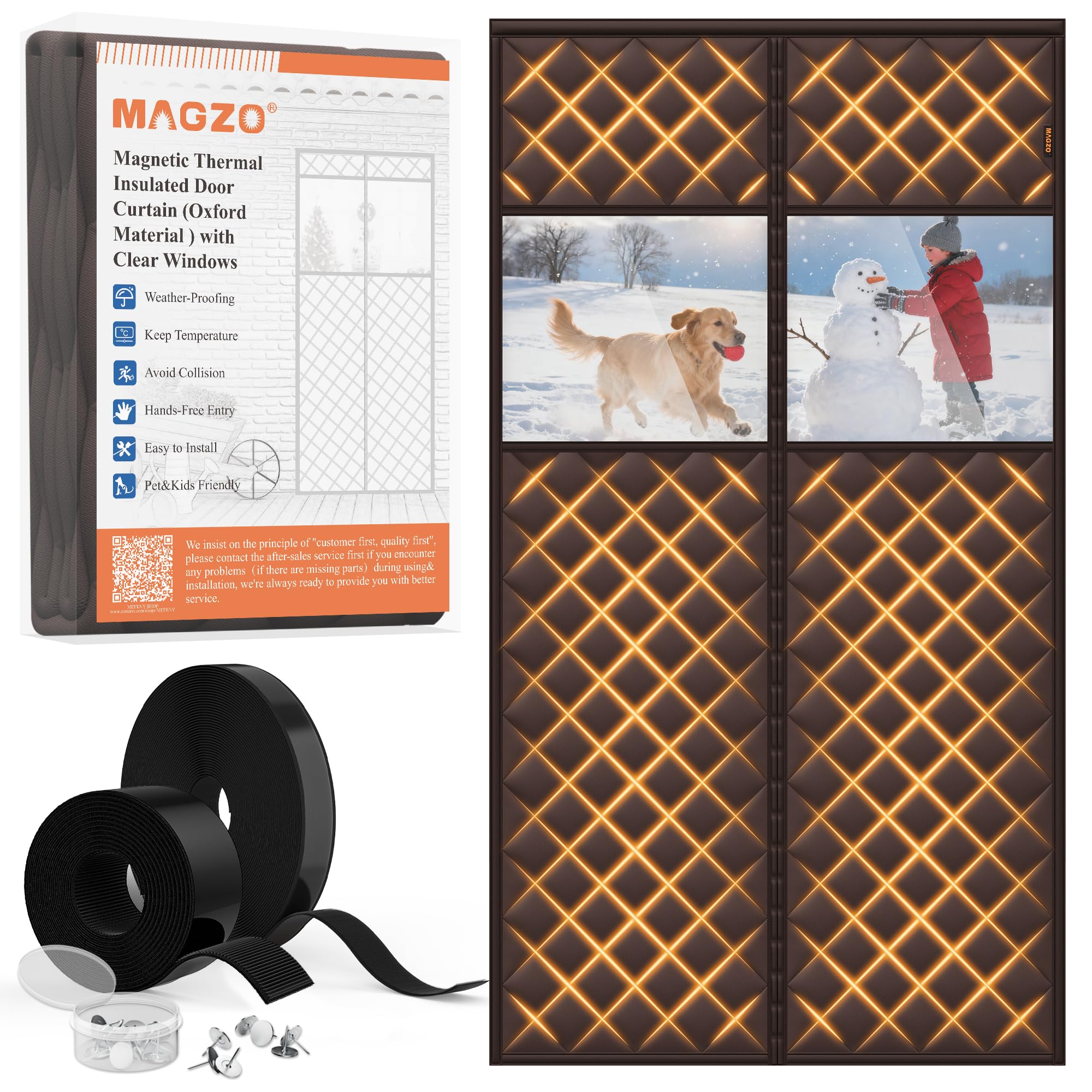 MAGZO Magnetic Thermal Insulated Door Curtain with Perspective Window, Fits 36" x 82" Door(Curtain Size 38'' x 84''), Oxford&Cotton Cover Blanket Insulation Kit for Winter, Keep Cold Drafts Out, Brown Image