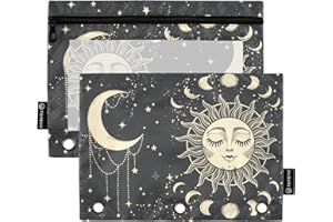 PJGINUIUA Tarot Sun Moon Goth Binder Pouch Zippered Pencil Pouches for 3 Ring Binder, 2 Pack Binder Pockets 3 Holes Pencil Case Bags with Clear Window