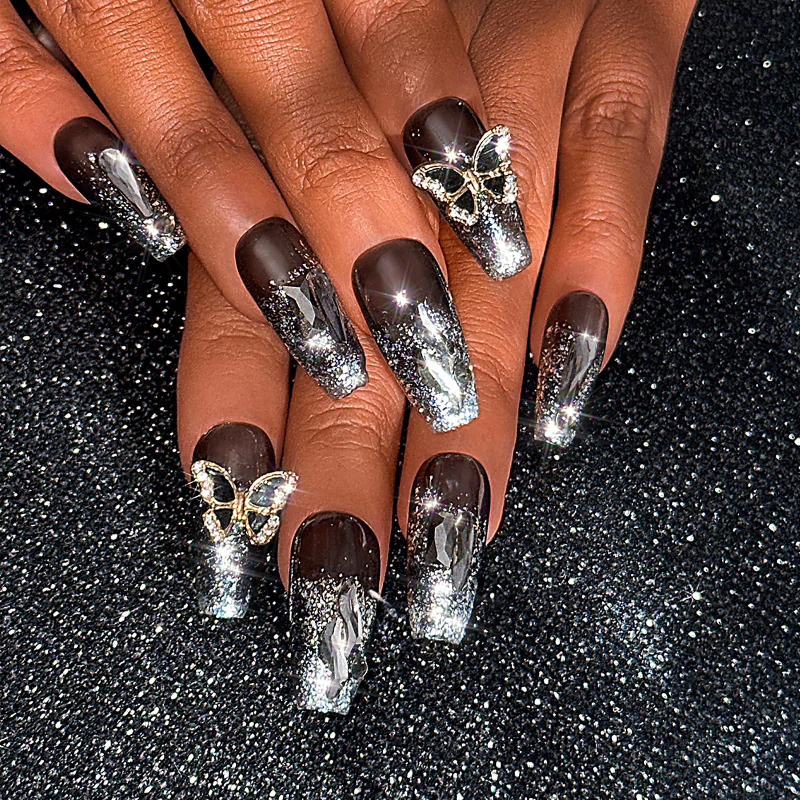 Sethexy Long Coffin Black False Nails Handmade Rhinestone Glitter Glossy Fake Nail 3D Butterfly Crystal Press On Nails Sparkle Salon Quality Nail Removable for Women and Girls(M)